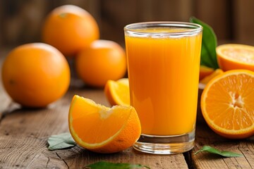 A glass of freshly squeezed orange juice with orange slices and leaves on a wooden board.