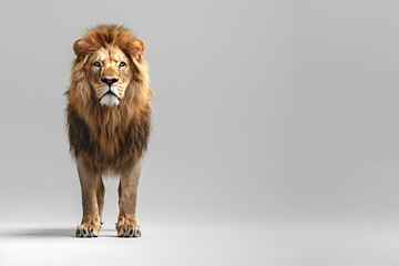 Obraz premium Majestic lion standing and facing forward on a light grey background. Studio animal portrait concept for design and print, suitable for wildlife advocacy or educational content