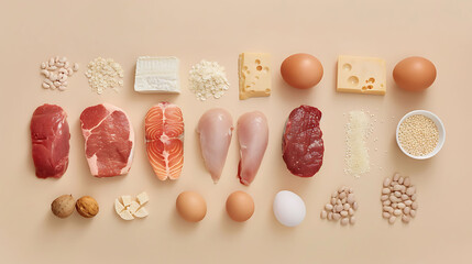 Various protein sources arranged on a beige background. Flat lay composition with copy space. Nutrition and healthy eating concept for design and print, suitable for dietary infographic or menu - obrazy, fototapety, plakaty