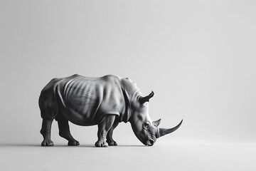 Fototapeta premium Black and white photograph of a rhinoceros on a plain background. Studio animal portrait with copy space for design and print