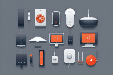 Assorted smart home devices with digital interfaces on a dark grey background. Digital illustration of home automation concept. Design for poster, web banner, and technology-themed background - obrazy, fototapety, plakaty