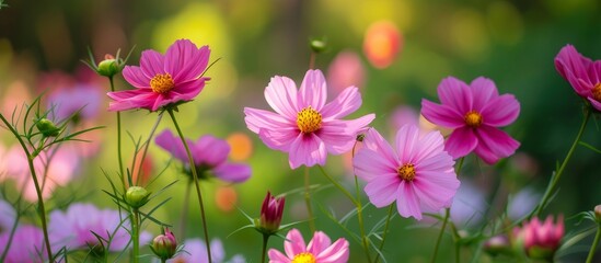Vibrant Pink Cosmos Flowers Blooming Beautifully in a Lush Garden Setting