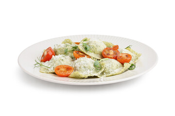 Plate of tasty ravioli with tomatoes and cheese on white background