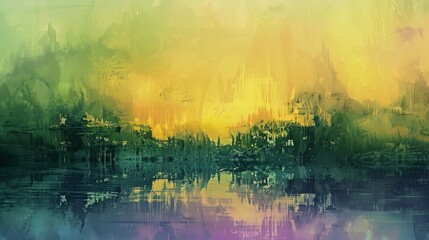 Obraz na płótnie Canvas A striking abstract painting that offers an artistic interpretation of a cityscape reflected over water, using a blend of vibrant colors and textured brushstrokes.