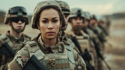 Fototapeta premium Group of soldiers, both male and female. Diversity in the military service.