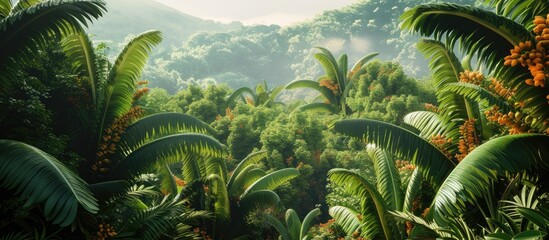 This painting depicts a lush jungle with vibrant banana trees in the foreground. In the background, majestic mountains rise against the sky, adding depth to the scene.