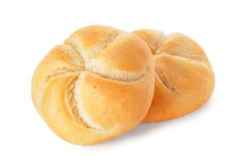 Delicious kaiser rolls on white background