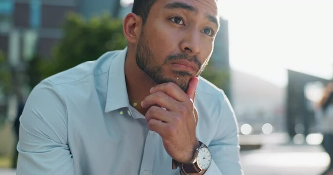 Business man, sad and unemployment in city with worry, anxiety or stress for job loss on sidewalk. Professional person, employee and depression in stock market crash, recession or financial crisis