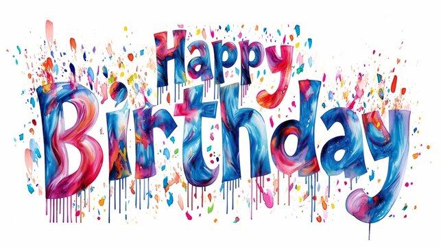 Words Happy Birthday isolated on white background made in Surrealistic Drawing style. Decorative lettering of phrase Happy Birthday. Creative postcard. Ai Generated Digital art poster.