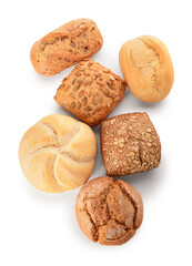 Different delicious buns on white background