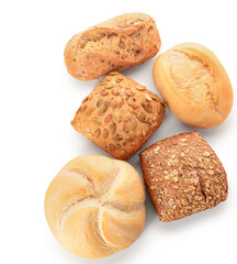Different delicious buns on white background