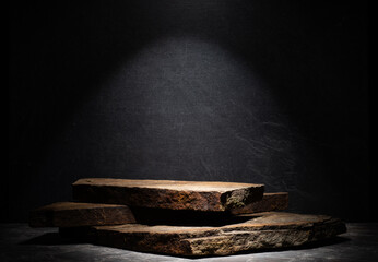 brown flat stones for the podium on a dark background - 746894548