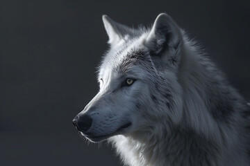 Naklejka premium Portrait of a grey wolf with a focused gaze. Wildlife photography with dark background. Animal portrait and nature conservation concept for design and print. Endangered animal.