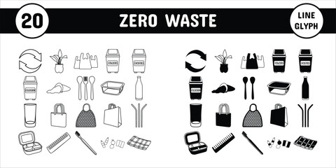 Zero Waste Line Glyph Vector Illustration Icon Sticker Set Design Materials