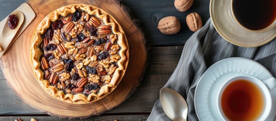 A homemade pie filled with dried fruits like raisins, figs, prunes, and nuts such as walnuts, papaya, pineapple, and cranberry sits on a wooden table next to a cup of tea.
