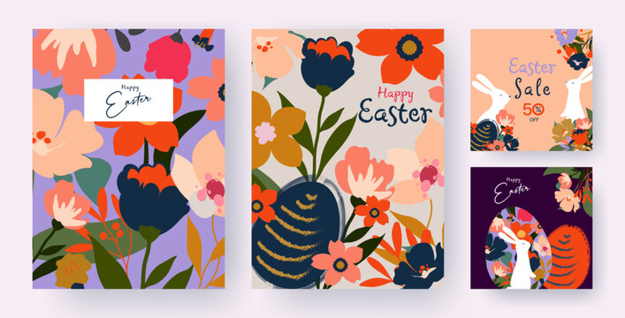 Set of Happy Easter greeting card with easter rabbit, eggs, roses, leaves, floral bouquets, spring flowers compositions. Trendy poster, banner, header or cover for website. Colorful flower collection