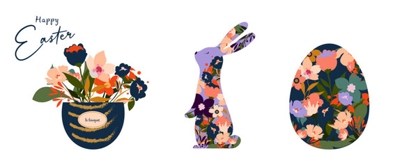 Happy Easter greeting card templates with easter rabbit, eggs, roses, leaves, floral bouquets, spring flowers compositions. Trendy poster, web banner, header or cover for website. Modern art style.