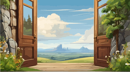 background illustration of an open door with a green field of grass and evidence.