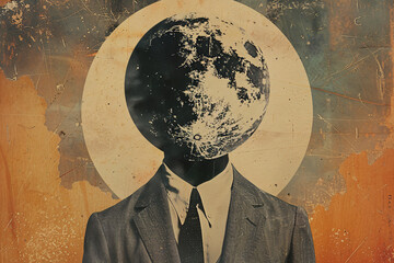 contemporary art collage with A man in a suit with a moon for a head. - obrazy, fototapety, plakaty