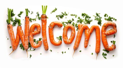 The word Welcome isolated on white background made in Baby Carrot Typography style. Decorative lettering of a word Welcome. Creative postcard. Ai Generated Digital art poster.