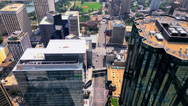 Edmonton, AB, Canada - Feb 27th,2024: Downtown street down drone view.