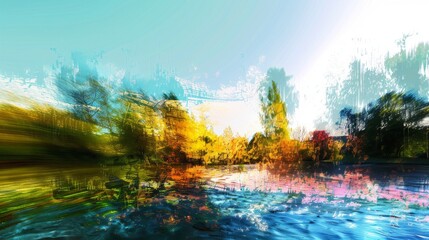 An impressionistic landscape painting, blending vibrant brushstrokes to depict trees with their reflection on the water surface in a burst of color