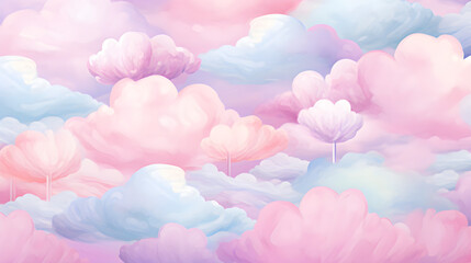 Fototapeta na wymiar Pastel pattern, cotton candy flowers, illustration, 2D background, wallpaper, social media. AI