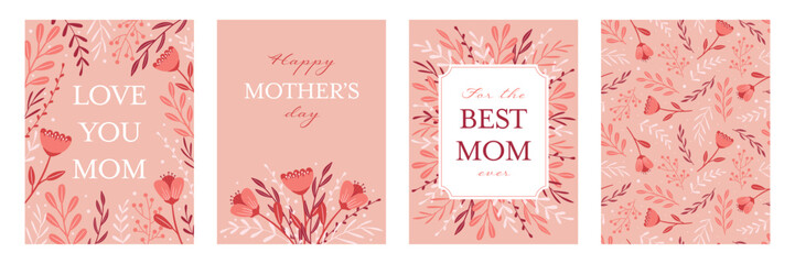 Mother's day greeting card collection. Poster, banner background with hand drawn floral decoration.Seamless pattern.