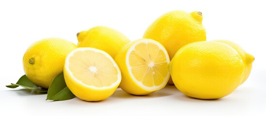 A collection of fresh lemons with green leaves, neatly arranged on a clean white background. The lemons are cut in half, revealing the juicy citrus fruit inside.