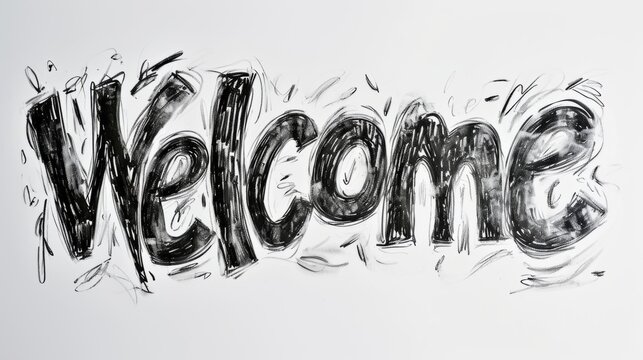 The word Welcome isolated on white background made in Charcoal Sketch style. Decorative lettering of a word Welcome. Creative postcard. Ai Generated Digital art poster.