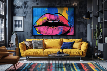 A painting of bright pink lips against a blue background. There is a yellow couch in front of it.