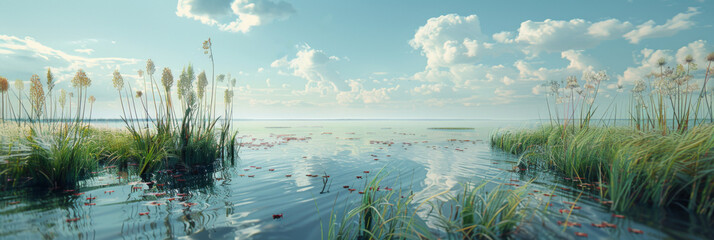a large marsh on the water, generative AI - obrazy, fototapety, plakaty