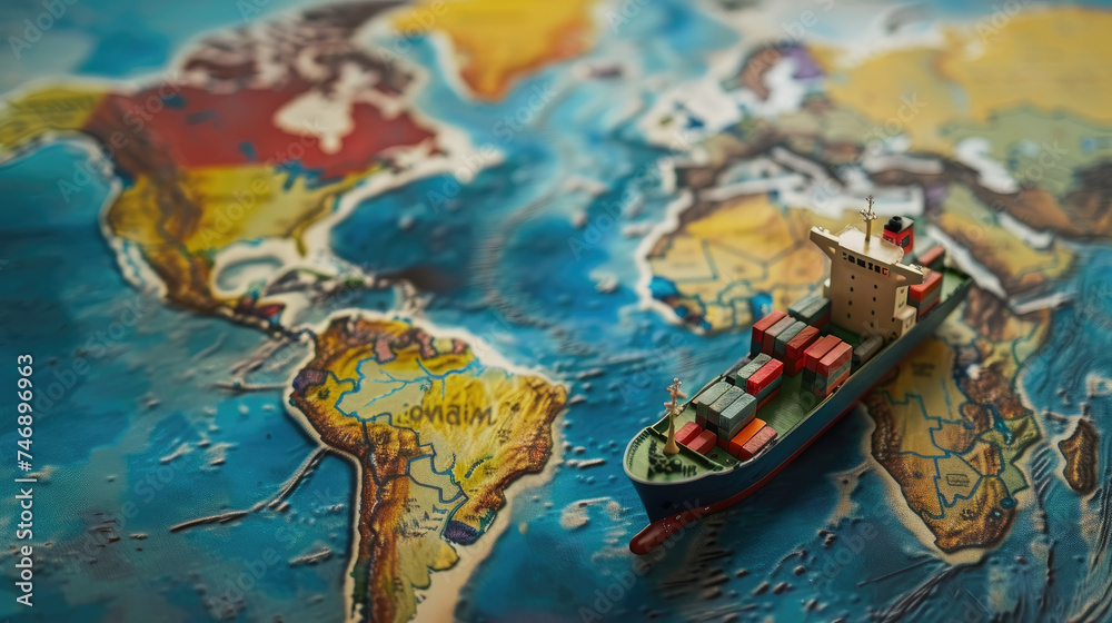 Wall mural Container ship model on world map , transportation of goods between countries on the road concept - Wall murals