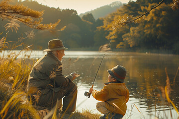 A happy elderly pensioner teaching their grandchild to fish at a serene lake, sharing laughter and stories under the warm afternoon sun. - obrazy, fototapety, plakaty