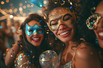 Joyful friends in costume at a festive masquerade ball, their elaborate masks adding an air of mystery and celebration. - obrazy, fototapety, plakaty