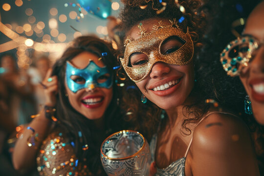 Joyful friends in costume at a festive masquerade ball, their elaborate masks adding an air of mystery and celebration.