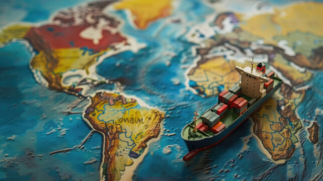 Container ship model on world map , transportation of goods between countries on the road concept