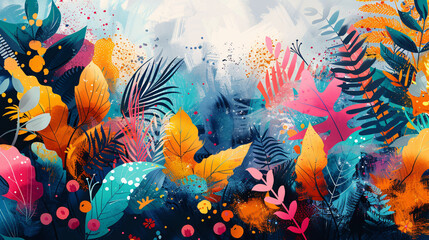 Fototapeta na wymiar A watercolor painting of a jungle scene with bright colors.