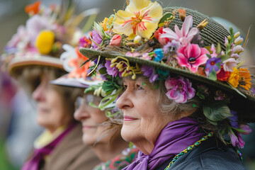 An elaborate Easter bonnet contest, with participants wearing hats decorated with feathers, flowers, and ribbons, displaying creativity and springtime flair. - obrazy, fototapety, plakaty