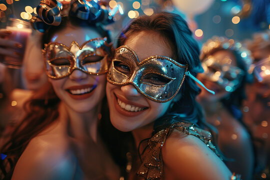 Joyful friends in costume at a festive masquerade ball, their elaborate masks adding an air of mystery and celebration.