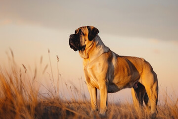 english mastiff dog is standing on the field - obrazy, fototapety, plakaty