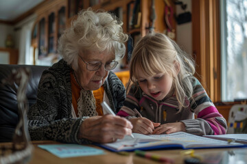 Fototapeta na wymiar Grandmother helping granddaughter with homework at home, homeschooling concept