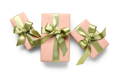 Pink gift boxes on white background. International Women's Day