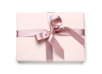 Gift box with pink bow on white background. International Women's Day