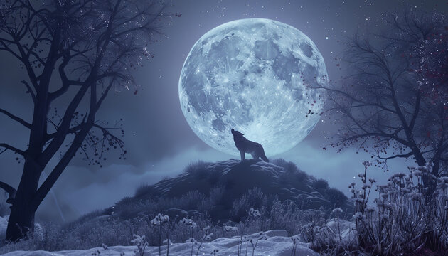 A wolf howls on a hill under a massive full moon at night