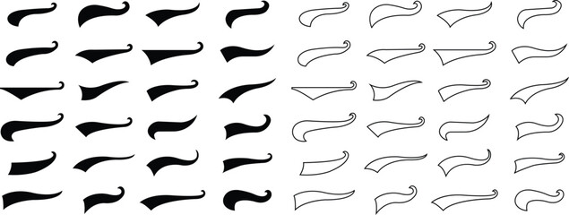 Set of Swoosh and swoop underline typography tails shape in flat styles. Brush drawn curved smear. Hand drawn curly swishes, swash, twiddle. Vectors calligraphy doodle swirl on transparent background. - obrazy, fototapety, plakaty