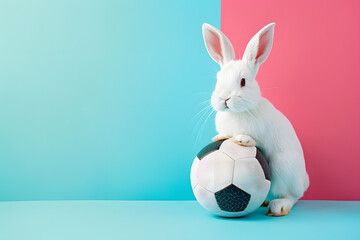 Easter bunny rabbit with football on background. - obrazy, fototapety, plakaty