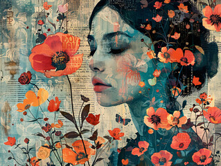 artistic collage of a woman portrait with spring flowers