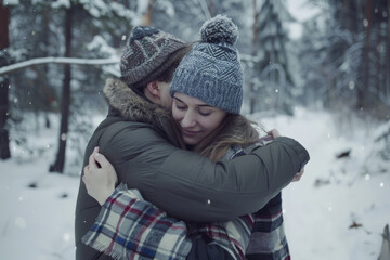 Fototapeta na wymiar Young man in love hugging his girlfriend in snow winter