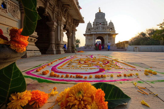 Dawn light bathes a temple, decorated for Ugadi, in soft hues